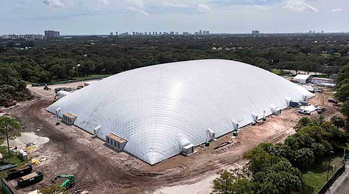An air-supported dome is under construction for Tiger Woods and Rory McIlroy's simulator Golf League, TGL, at Palm Beach State College's PGA Boulevard campus in Palm Beach Gardens, Fla., on Oct. 12, 2023.